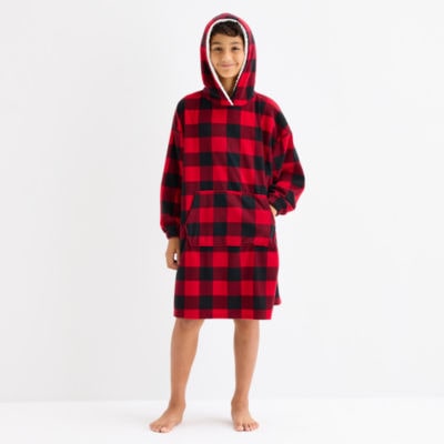 North Pole Trading Co. Moose Buffalo Check Little & Big Kid Unisex Microfleece Long Sleeve Hooded Matching Family Nightgown