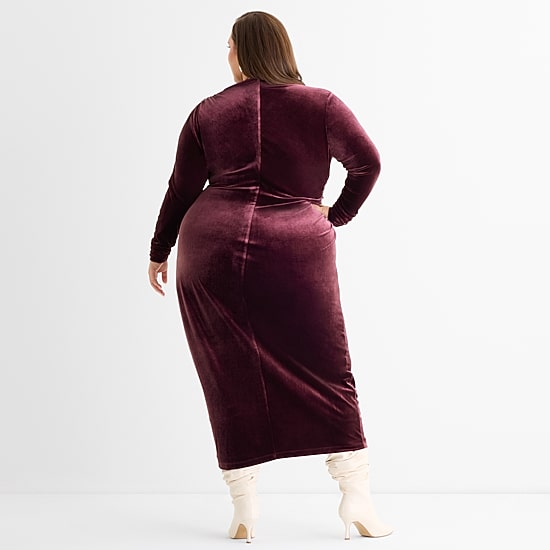 Ashley Graham Goddess Gather Velour Womens Plus Cowl Neck Long Sleeve Fitted Bodycon Dress