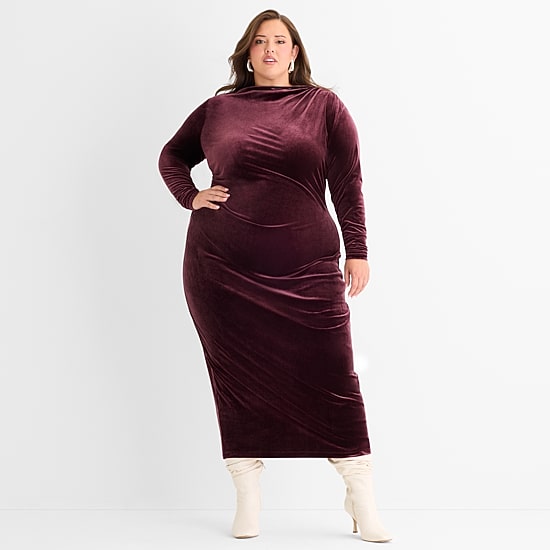 Ashley Graham Goddess Gather Velour Womens Plus Cowl Neck Long Sleeve Fitted Bodycon Dress