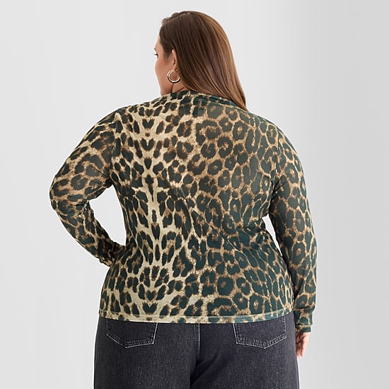 Ashley Graham Mesh Print Womens Plus Mock Neck Long Sleeve T-Shirt