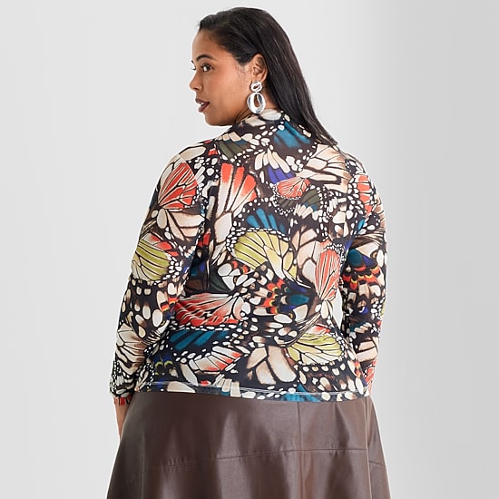 Ashley Graham Mesh Print Womens Plus Mock Neck Long Sleeve T-Shirt