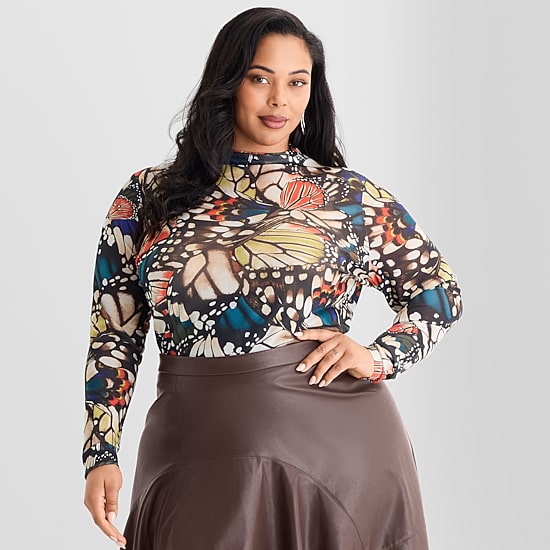 Ashley Graham Mesh Print Womens Plus Mock Neck Long Sleeve T-Shirt