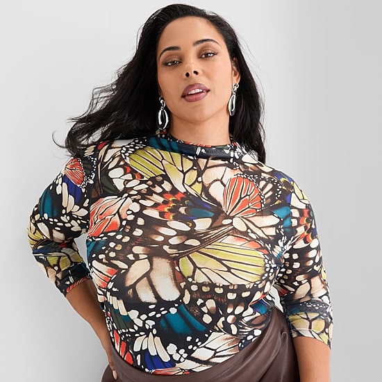 Ashley Graham Mesh Print Womens Plus Mock Neck Long Sleeve T-Shirt