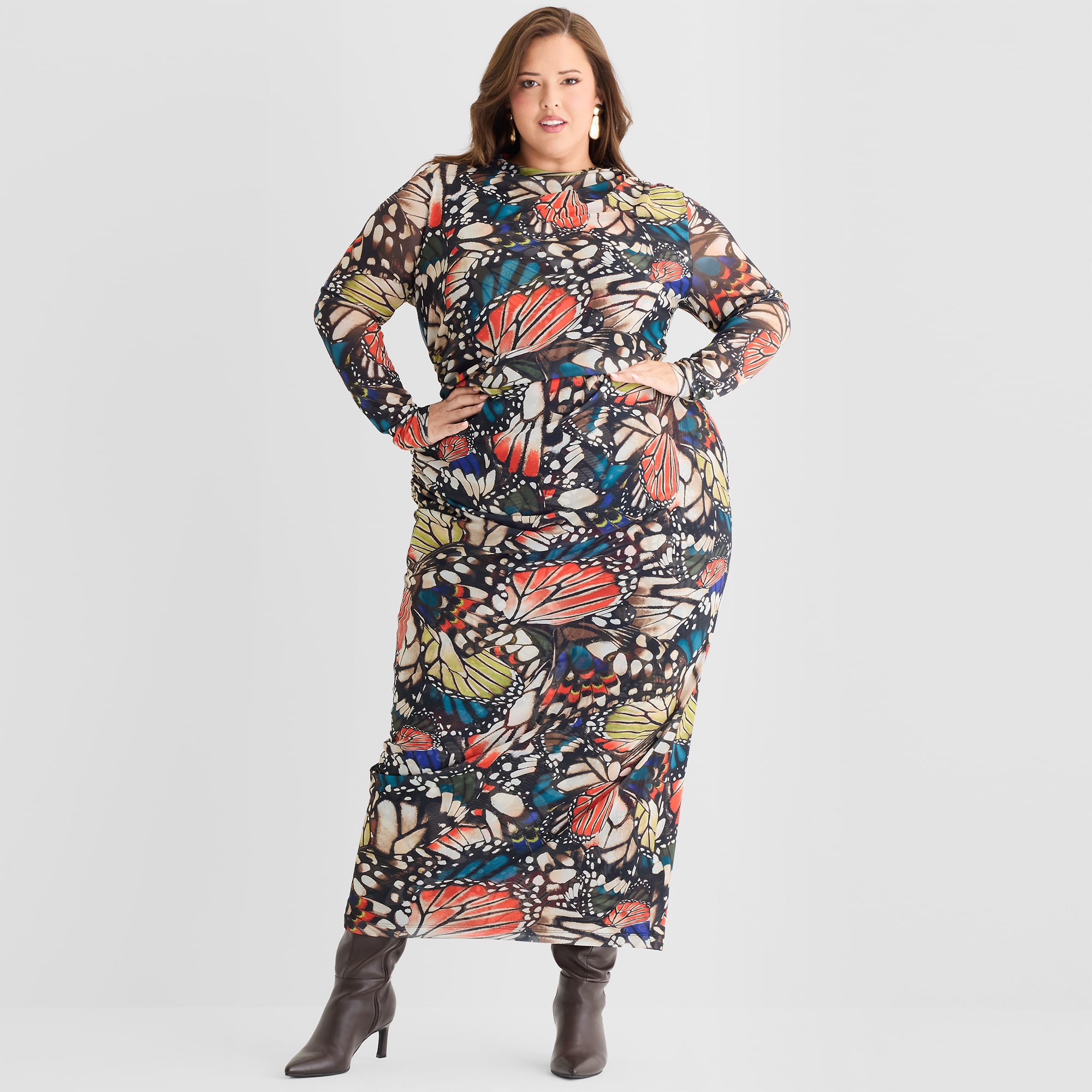 Ashley Graham Mesh Womens Plus Long Sleeve Butterfly Bodycon Dress