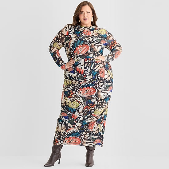 Ashley Graham Mesh Womens Plus Long Sleeve Butterfly Bodycon Dress