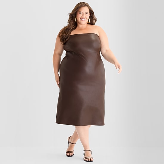 leather plus size dress ELOQUII Women's Drapey Faux Mini The minimalist elegance of this dress makes it the perfect choice for any occasion where you want an extra boost of sexy confidence MRS. Smith Stretch Leather Dress