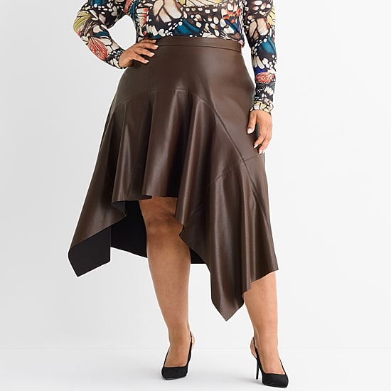 Ashley Graham Womens Plus Midi Faux Leather Asymmetrical Skirt