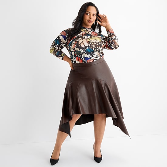 Ashley Graham Womens Plus Midi Faux Leather Asymmetrical Skirt