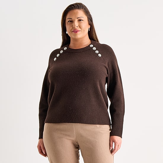Liz Claiborne Plus Womens Crew Neck Long Sleeve Pullover Sweater