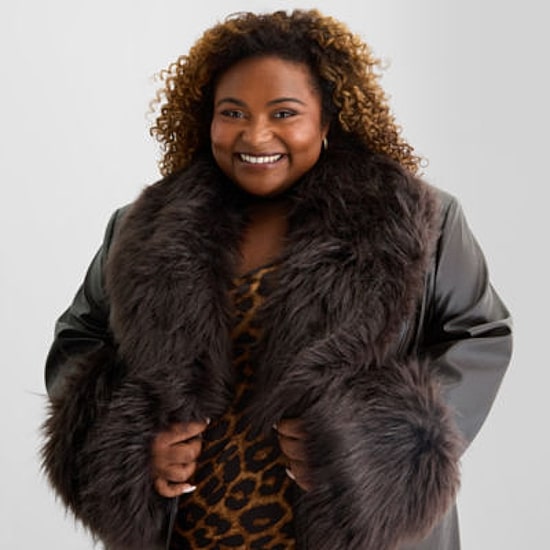 Ashley Graham Womens Plus Faux Fur Wrap Coat