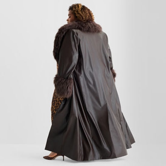 Ashley Graham Womens Plus Faux Fur Wrap Coat