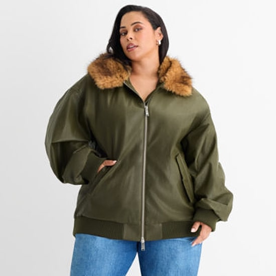 Ashley Graham Womens Plus Midweight Bomber Jacket