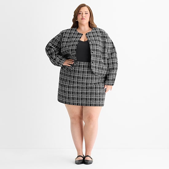 Ashley Graham Tweed Womens Plus Regular Fit Boucle Suit Jacket