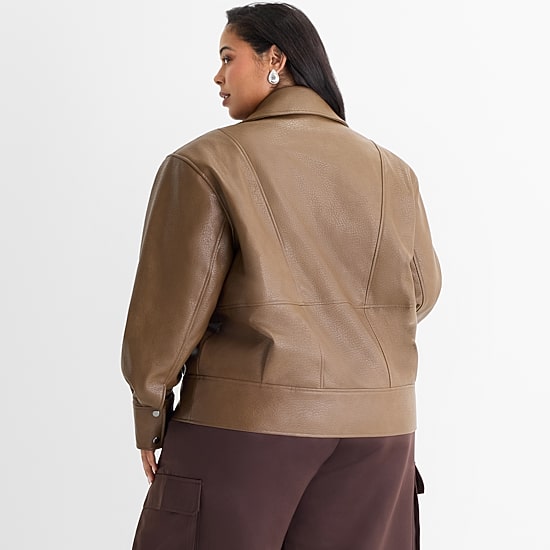 Ashley Graham Womens Plus Faux Leather Midweight Motorcycle Jacket