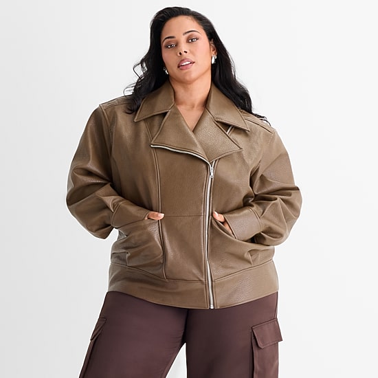 Ashley Graham Womens Plus Faux Leather Midweight Motorcycle Jacket