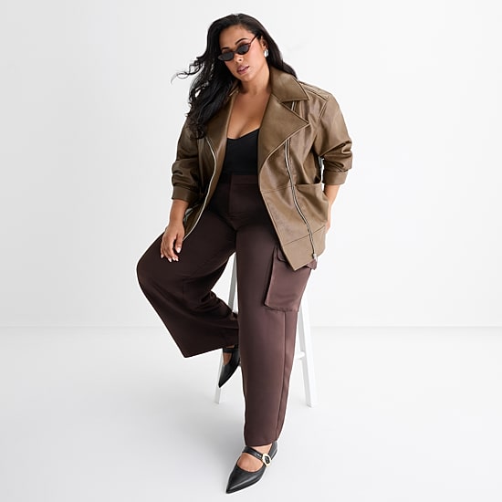 Ashley Graham Womens Plus Faux Leather Midweight Motorcycle Jacket
