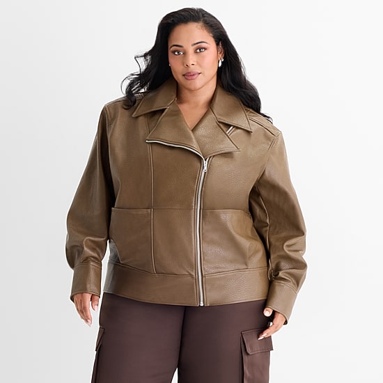 Ashley Graham Womens Plus Faux Leather Midweight Motorcycle Jacket