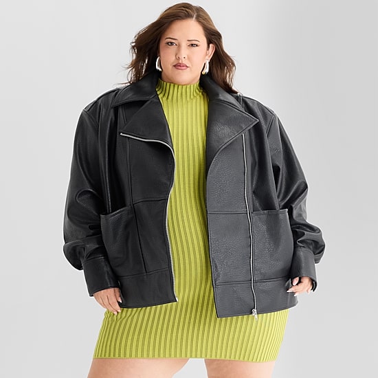 Ashley Graham Womens Plus Faux Leather Midweight Motorcycle Jacket