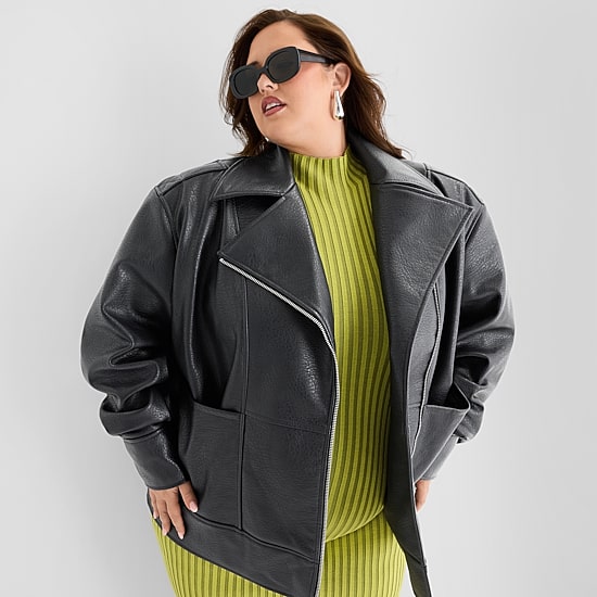 Ashley Graham Womens Plus Faux Leather Midweight Motorcycle Jacket