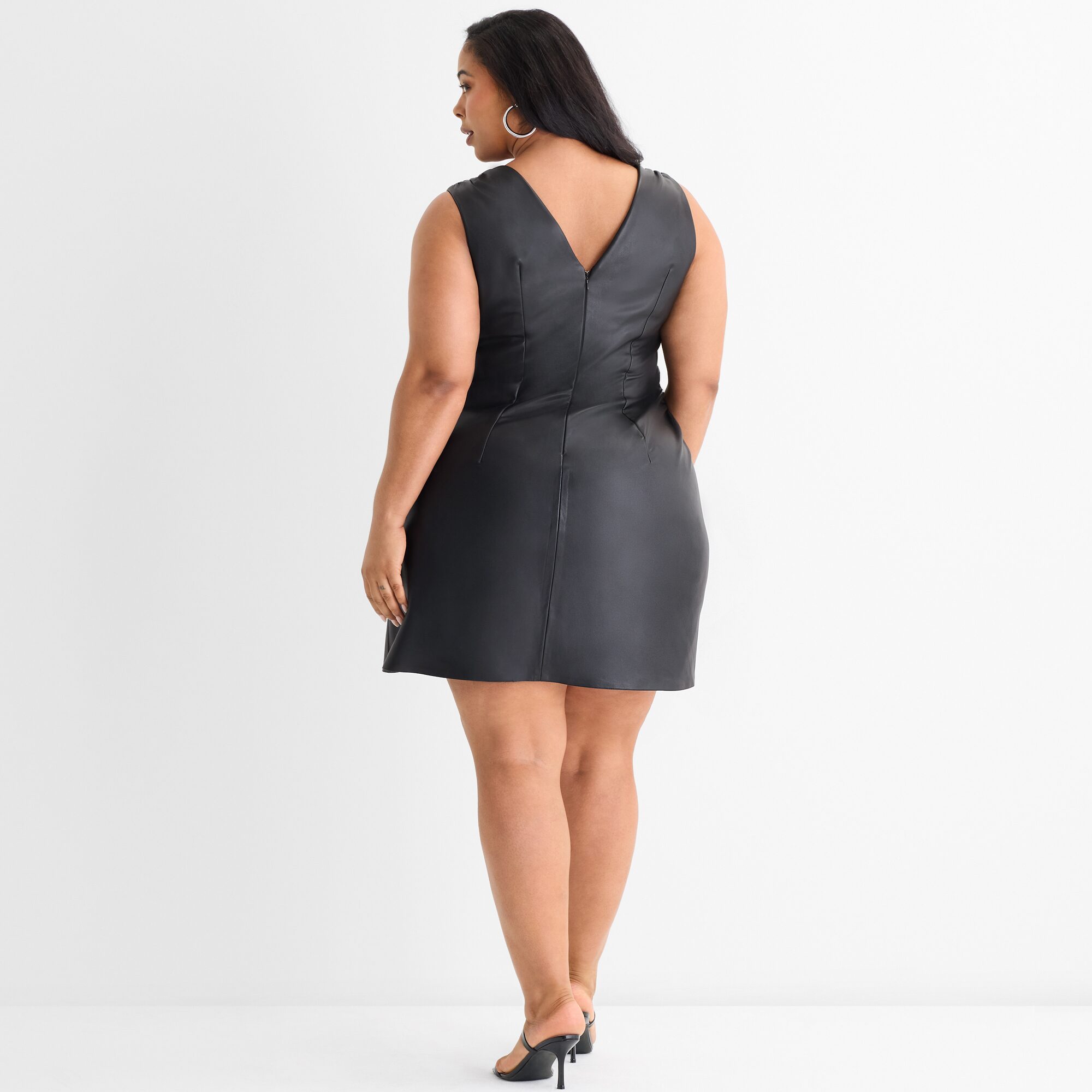 Ashley Graham Mini Womens Plus Asymmetrical Neck Sleeveless Faux Leather Sheath Dress