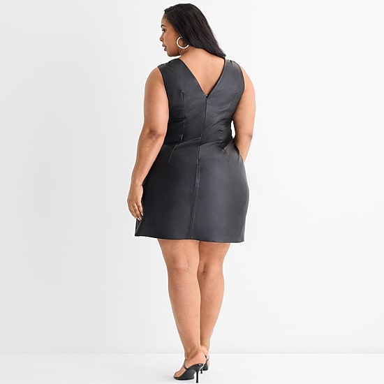 plus size black leather dress Charlotte Faux Flare -Black Finished with a flared pleated skirt Plus Size Faux Leather 2fer
