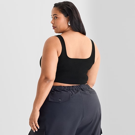 Ashley Graham Ribbed Womens Plus Square Neck Sleeveless Crop Top