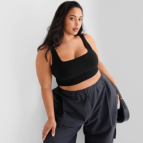 Ashley Graham Ribbed Womens Plus Square Neck Sleeveless Crop Top