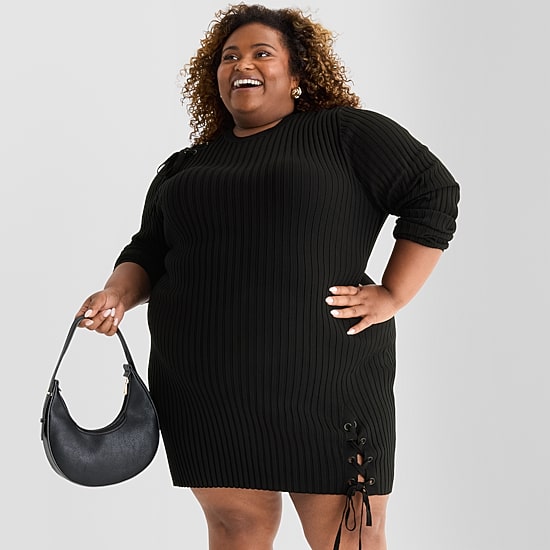 Ashley Graham Womens Plus Long Sleeve Sweater Dress