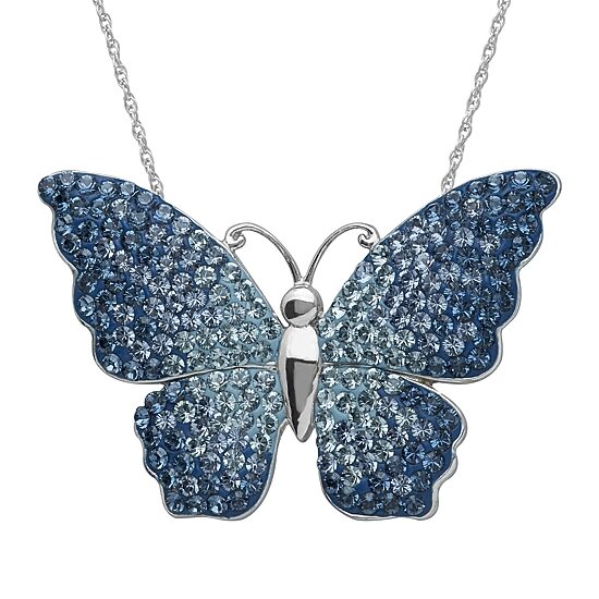 Blue Crystal Sterling Silver Butterfly Pendant Necklace