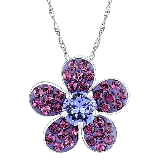 Purple Crystal Sterling Silver Flower Pendant Necklace