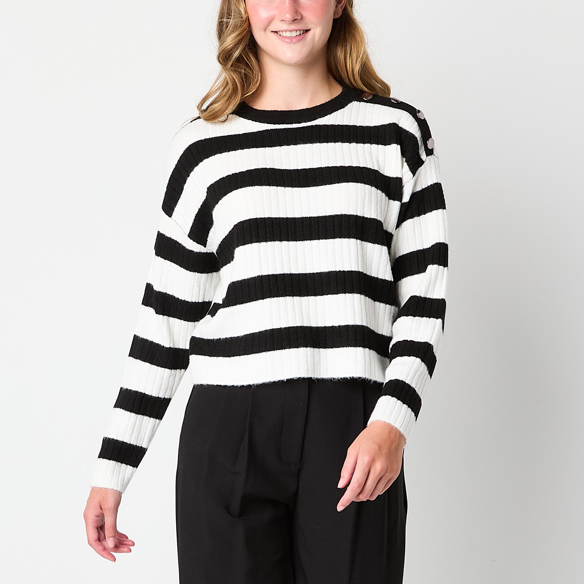 by&by Juniors Womens Crew Neck Long Sleeve Striped Pullover Sweater
