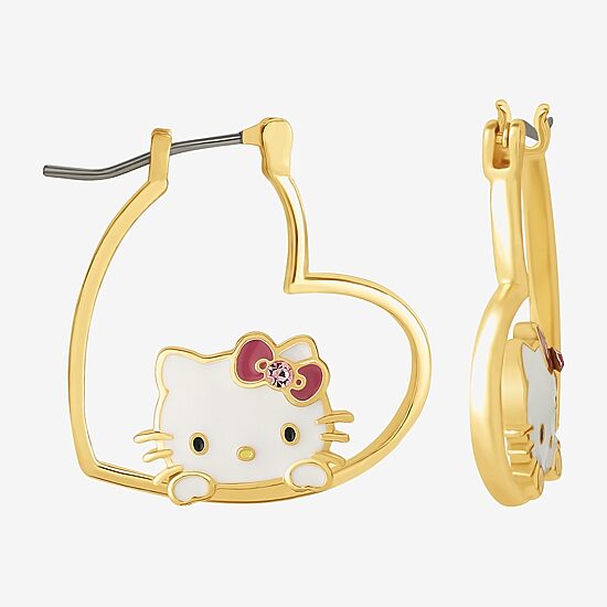 Womens Pink Crystal 18K Gold Over Brass 26.1mm Heart Hello Kitty Hoop Earrings