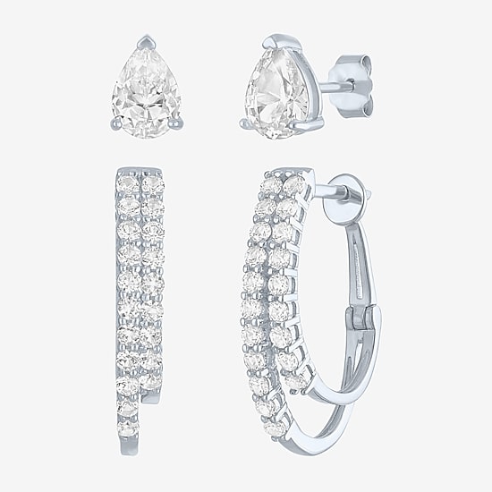 Yes, Please! Womens Lab Created White Sapphire Sterling Silver Pear Round 2 Pair Jewelry Set