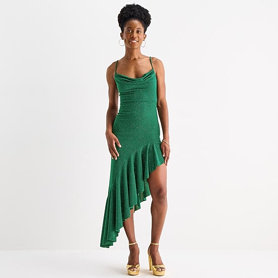 Emerald Sundae Womens Juniors High-Low Cowl Neck Sleeveless Fit + Flare Dress