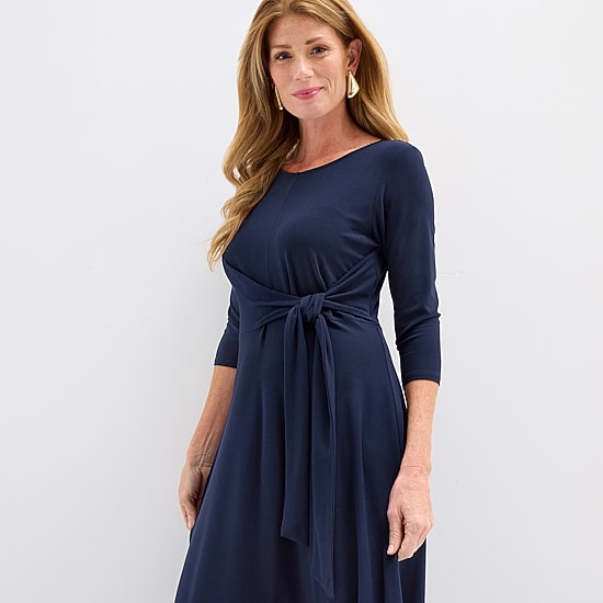 Perceptions Womens Midi Round Neck 3/4 Sleeve Fit + Flare Dress