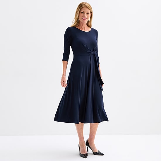 Perceptions Womens Midi Round Neck 3/4 Sleeve Fit + Flare Dress