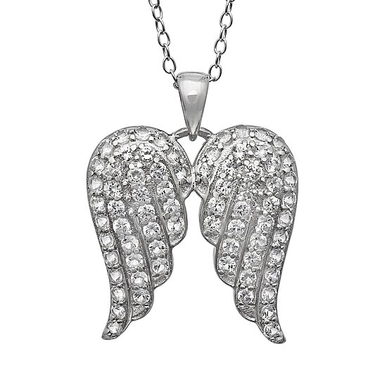 Womens Lab Created White Sapphire Sterling Silver Angel Wing 18 Inch Pendant Necklace