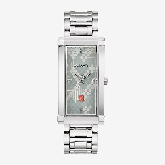 Bulova Frank Lloyd Wright Pattern #106 Womens Silver Tone Stainless Steel Bracelet Watch 96l286