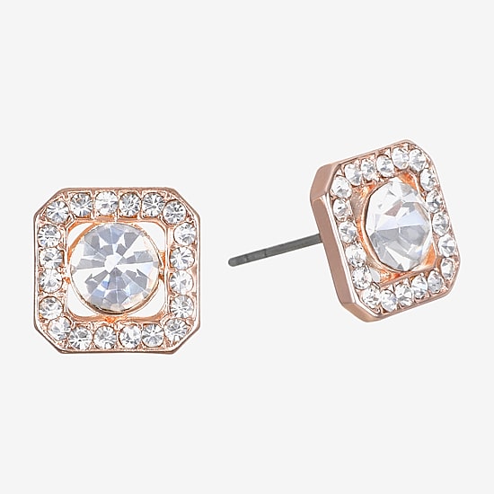 Bijoux Bar Delicates Rose Tone Pave Framed Glass 11.8mm Square Stud Earrings
