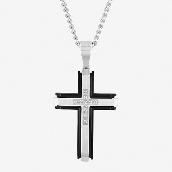 (G-H / I1) Mens 1/5 CT. Lab Grown White Diamond Stainless Steel Cross 24 Inch Pendant Necklace