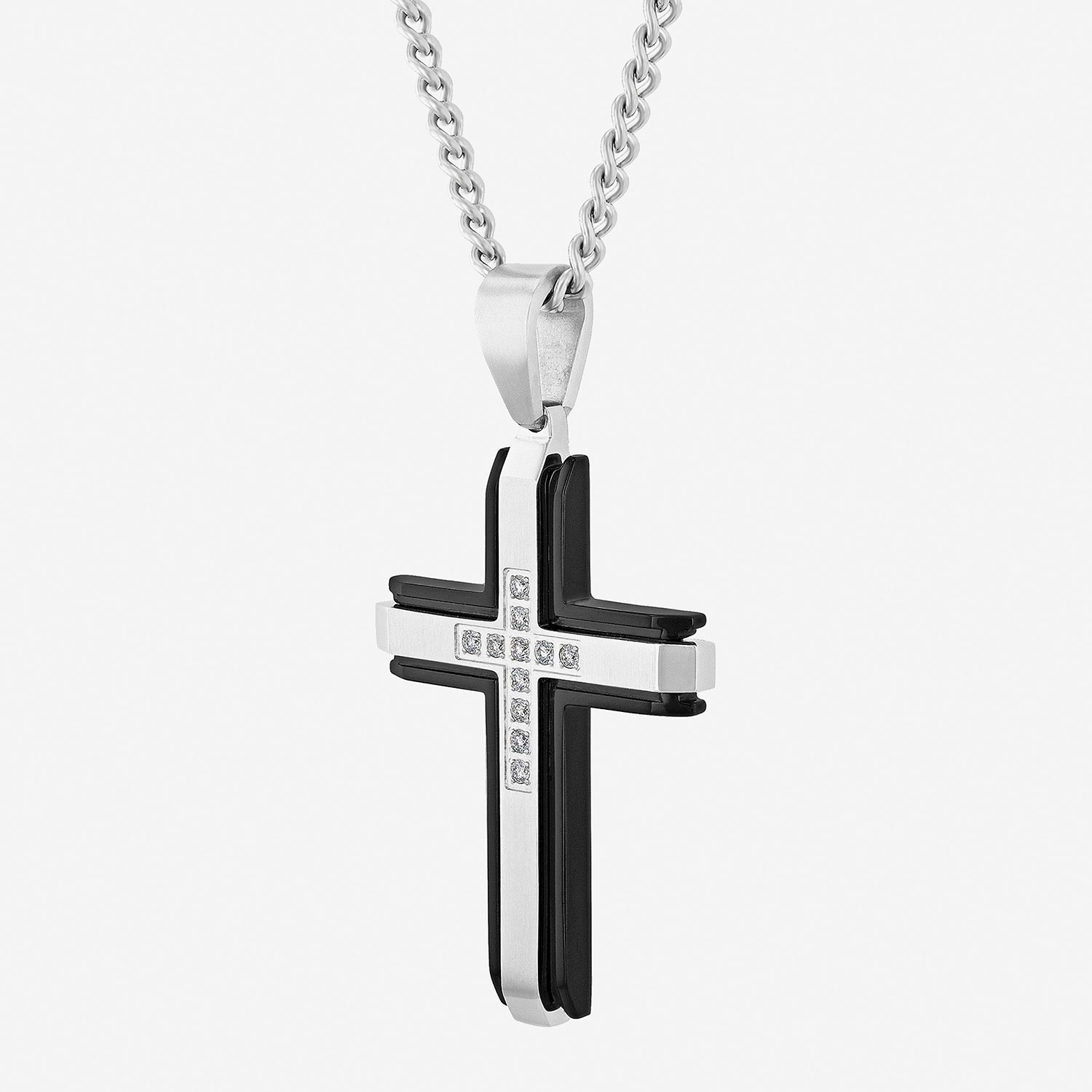 (G-H / I1) Mens 1/5 CT. Lab Grown White Diamond Stainless Steel Cross 24 Inch Pendant Necklace