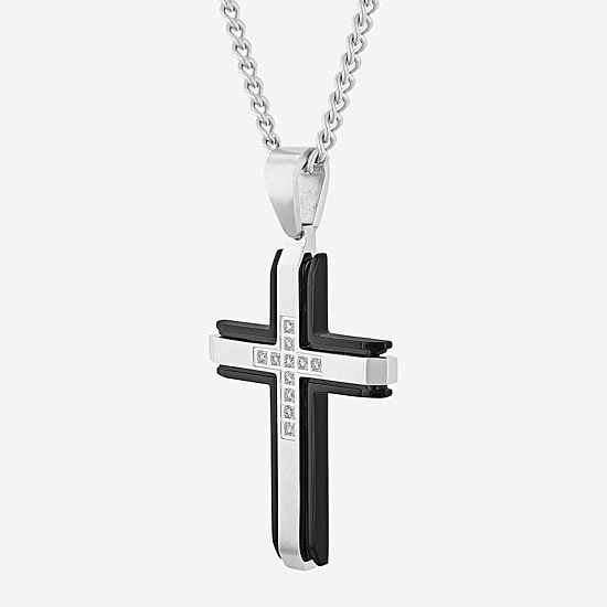 (G-H / I1) Mens 1/5 CT. Lab Grown White Diamond Stainless Steel Cross 24 Inch Pendant Necklace