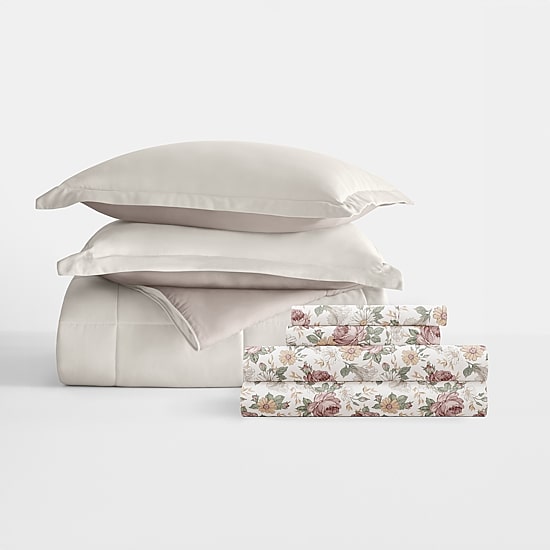 Casual Comfort Reversible Microfiber Down Alternative Complete Bedding Set with Sheets