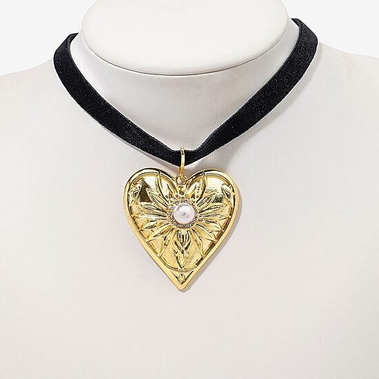 Bijoux Bar Womens Glass Simulated Pearl Heart 14 Inch Choker Necklace