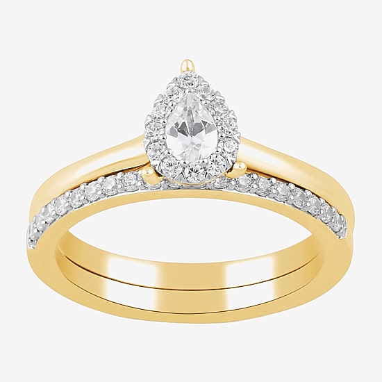 H, I1-I2 Womens 1/2 CT. T.W. Lab Grown White Diamond 14K Gold Over Silver Pear Halo Bridal Set