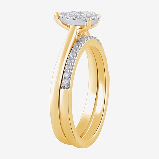 H, I1-I2 Womens 1/2 CT. T.W. Lab Grown White Diamond 14K Gold Over Silver Pear Halo Bridal Set