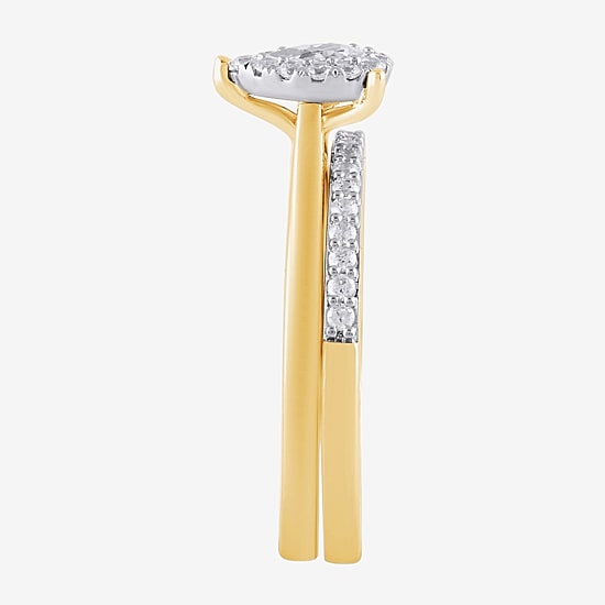 H, I1-I2 Womens 1/2 CT. T.W. Lab Grown White Diamond 14K Gold Over Silver Pear Halo Bridal Set