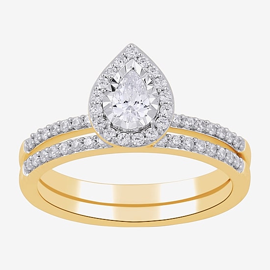 (H / I1-I2) Womens 5/8 CT. T.W. Lab Grown White Diamond 14K Gold Over Silver Pear Side Stone Halo Bridal Set