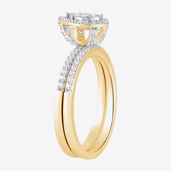 (H / I1-I2) Womens 5/8 CT. T.W. Lab Grown White Diamond 14K Gold Over Silver Pear Side Stone Halo Bridal Set