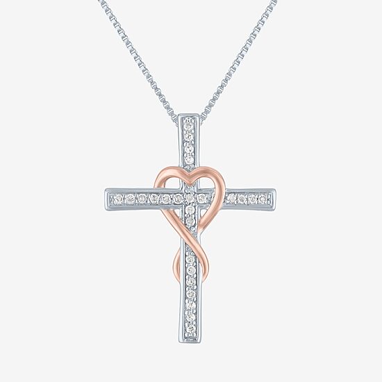 Womens 1/10 CT. T.W. Natural White Diamond 14K Rose Gold Over Silver Sterling Silver Cross 18 Inch Pendant Necklace